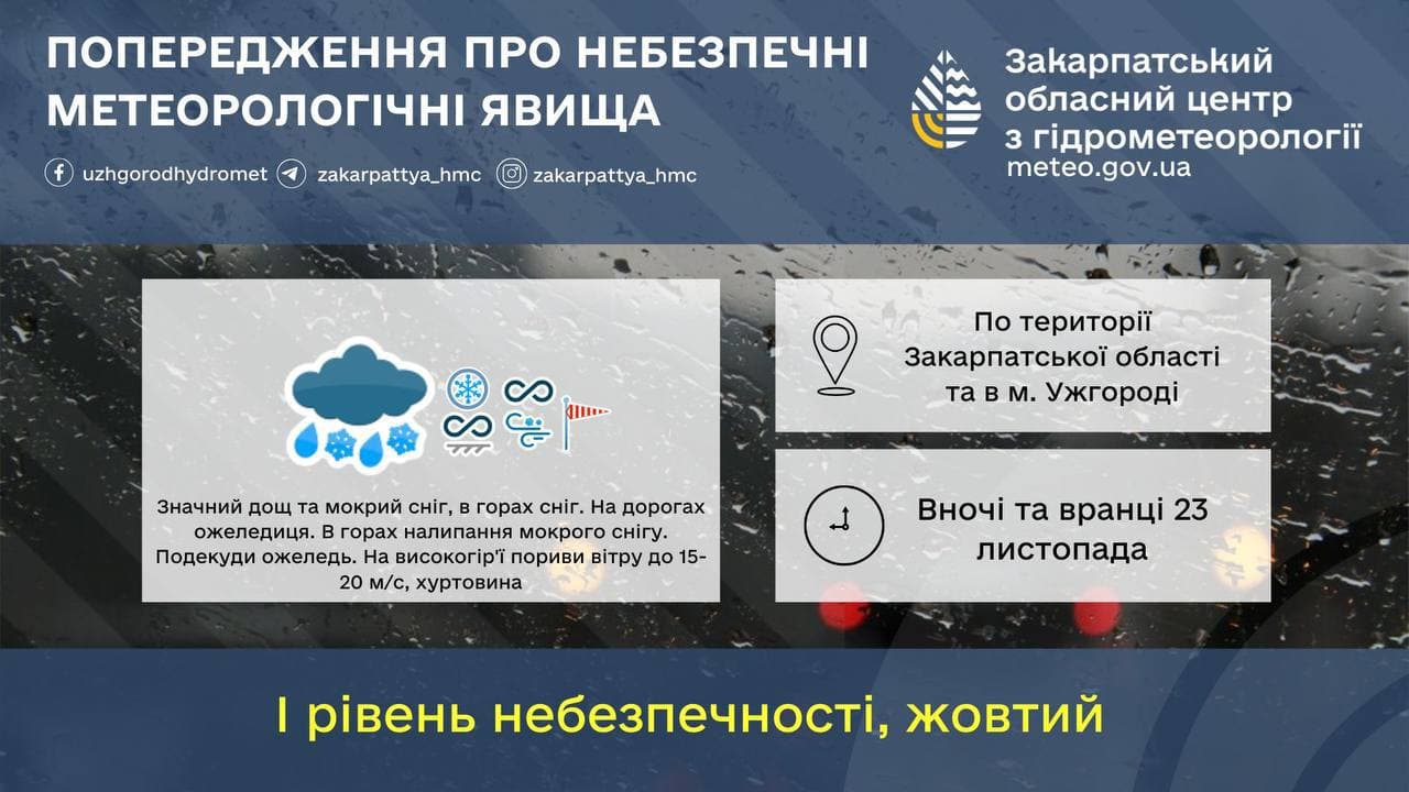 Зображення для статті: Закарпаття накриють дощ, мокрий сніг і ожеледиця: оголошено штормове попередження