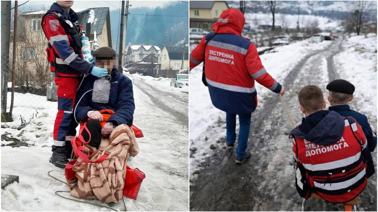 Зображення для статті: На Рахівщині медики евакуювали пацієнта на санчатах через ожеледицю