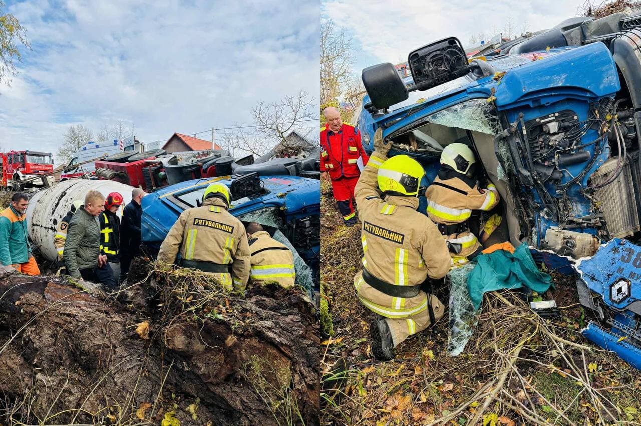 Зображення для статті: На Берегівщині перекинулася вантажівка-бетонозмішувач: водій дивом врятувався
